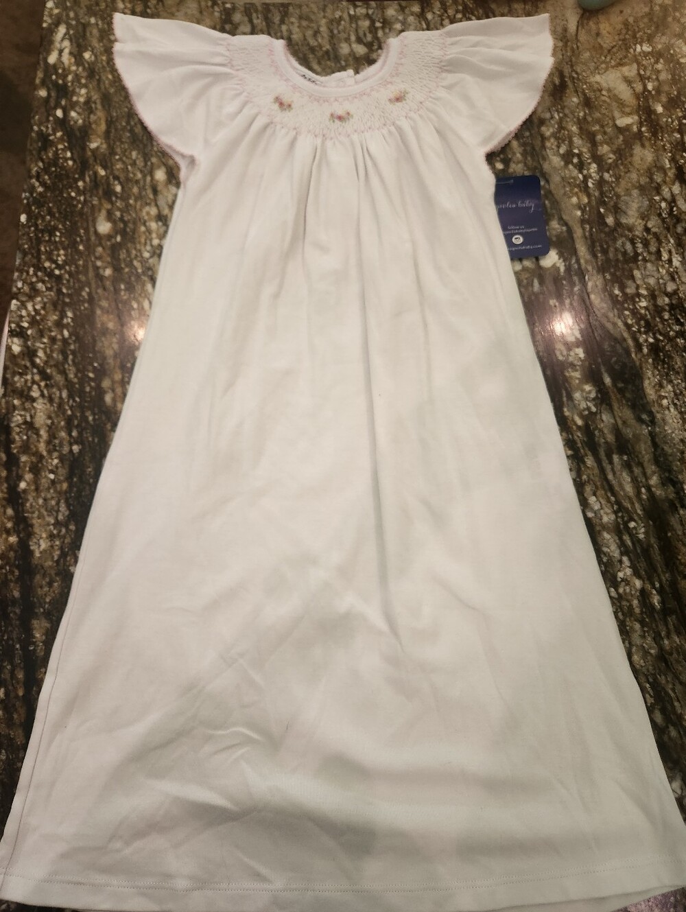 White Girls' Embroidered Smocked Dress with Flutter Sleeves
